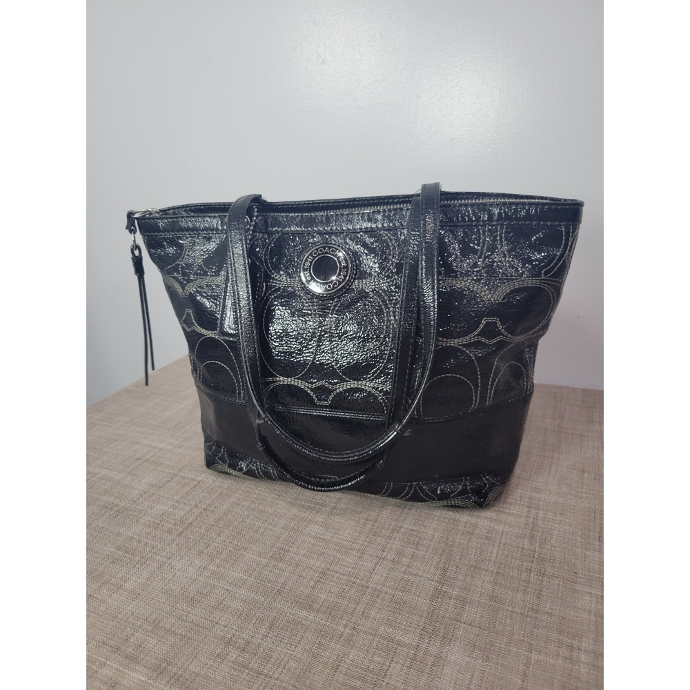 Coach Black Patent Leather Signature Sis Stitch Tote Bag F19198 Silver Hardware - Picture 3 of 9